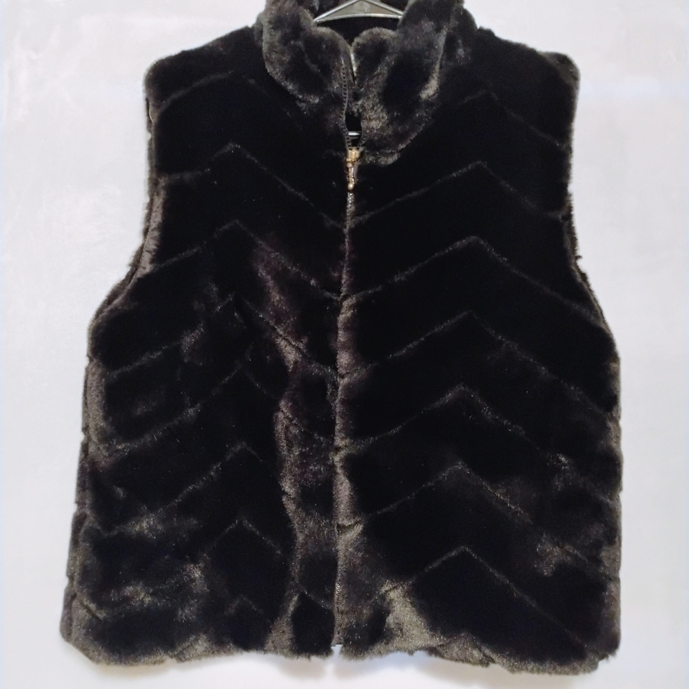 Investments Black Faux‎ Fur Full Zip Vest Womens Medium Sleeveless Jacket Coat